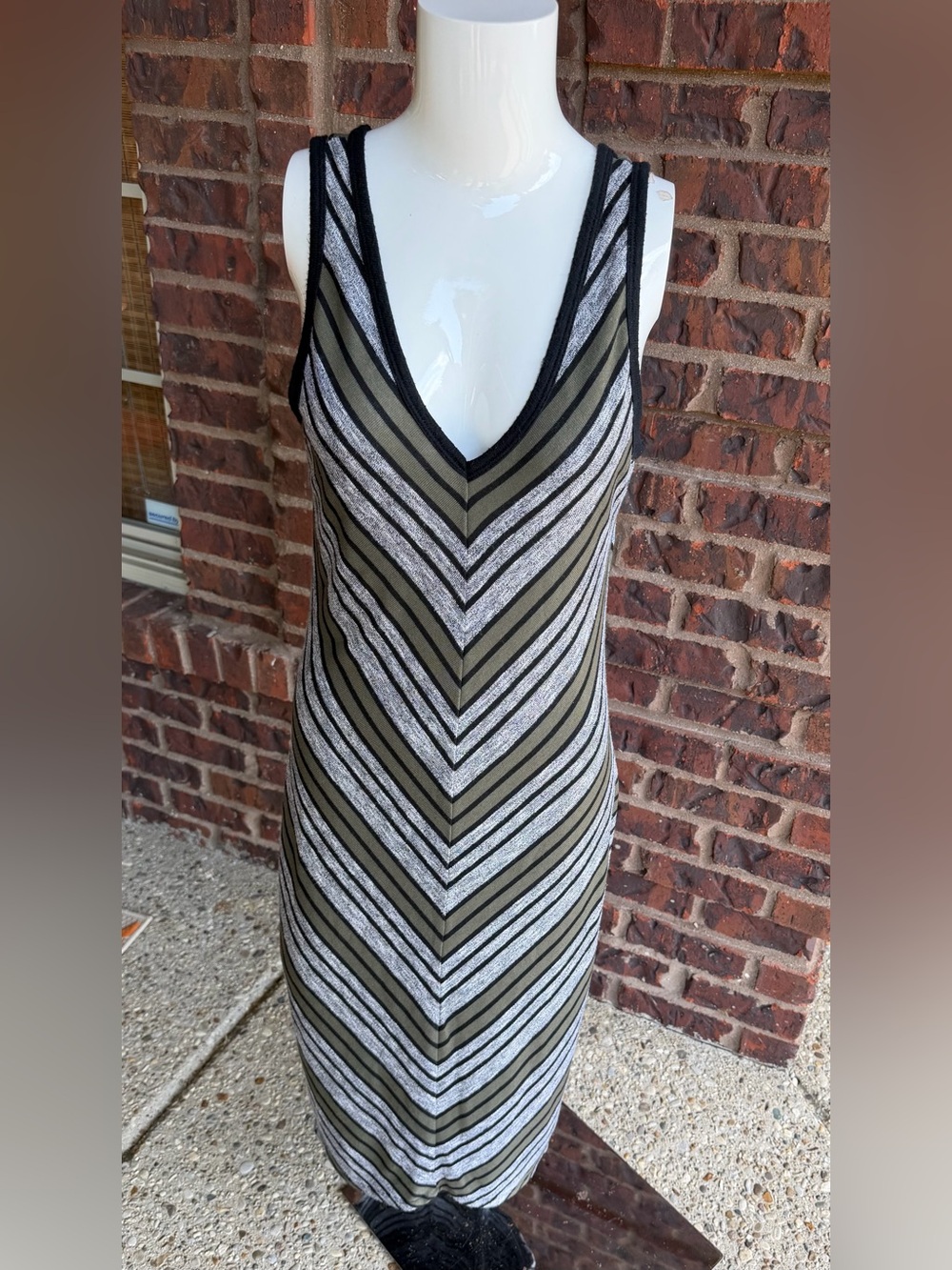 Mossimo Chevron Striped Bodycon Tank Dress Olive Black Gray Size M V-Neck
